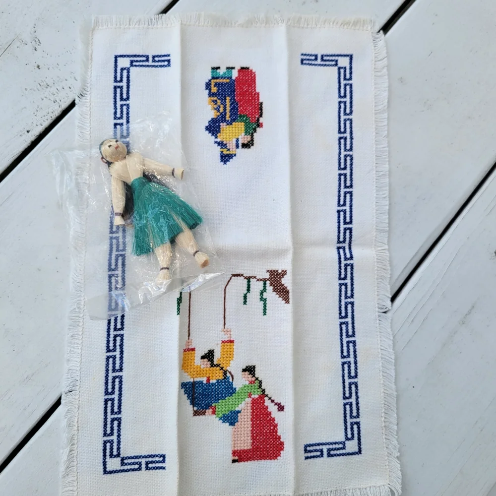 Embroidered Tea Towel  Korea Post-War  Cottage Industry Program & India Souvenir